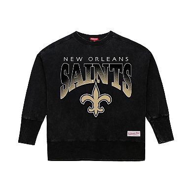 Women's Mitchell & Ness Black New Orleans Saints Delineate Mineral Wash Crewneck Sweatshirt