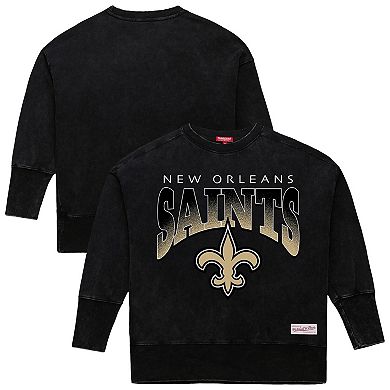 Women's Mitchell & Ness Black New Orleans Saints Delineate Mineral Wash Crewneck Sweatshirt