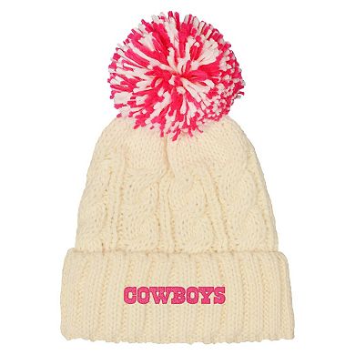 Girls Youth Outerstuff White Dallas Cowboys Cable Cuffed Knit Hat with Pom