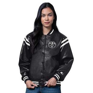 Women's Starter Black Denver Nuggets High Heat Leather Varsity Full-Snap Jacket