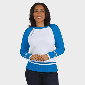 Women's WEAR by Erin Andrews White/Powder Blue Los Angeles Chargers Colorblock Raglan Sweater