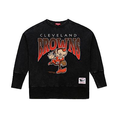 Women's Mitchell & Ness Black Cleveland Browns Delineate Mineral Wash Crewneck Sweatshirt