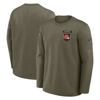 Men's Nike Olive Cleveland Browns 2025 Salute to Service Sideline Coaches Therma-FIT Long Sleeve Shirt