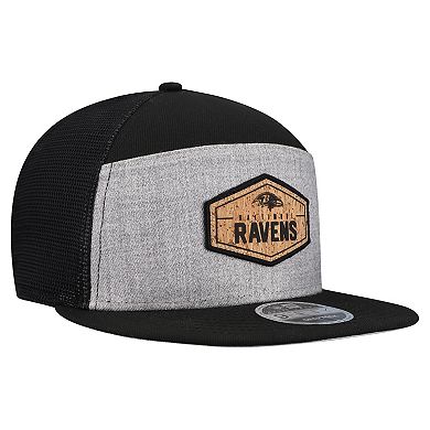 Men's New Era Gray/Black Baltimore Ravens Cork Split Panel 9FIFTY Trucker Snapback Hat