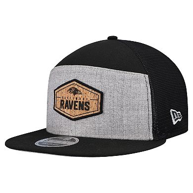 Men's New Era Gray/Black Baltimore Ravens Cork Split Panel 9FIFTY Trucker Snapback Hat