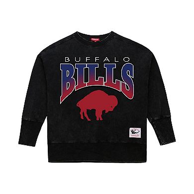 Women's Mitchell & Ness Black Buffalo Bills Delineate Mineral Wash Crewneck Sweatshirt