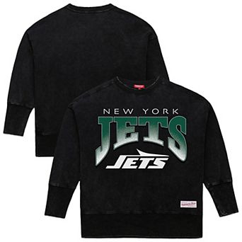Women's Mitchell & Ness Black New York Jets Delineate Mineral Wash Crewneck Sweatshirt