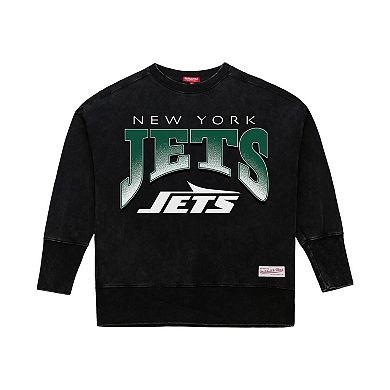 Women's Mitchell & Ness Black New York Jets Delineate Mineral Wash Crewneck Sweatshirt