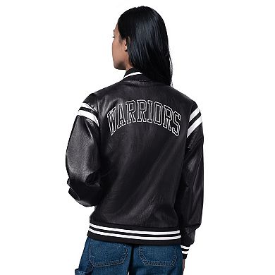 Women's Starter Black Golden State Warriors High Heat Leather Varsity Full-Snap Jacket