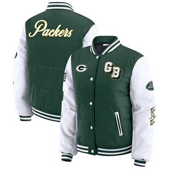 Women's WEAR by Erin Andrews Green Green Bay Packers Varsity Full-Snap Puffer Jacket
