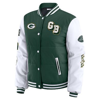 Women's WEAR by Erin Andrews Green Green Bay Packers Varsity Full-Snap Puffer Jacket