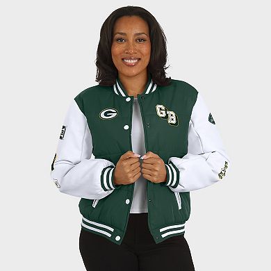 Women's WEAR by Erin Andrews Green Green Bay Packers Varsity Full-Snap Puffer Jacket