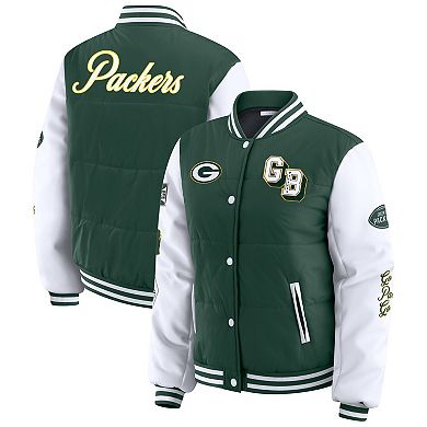 Women's WEAR by Erin Andrews Green Green Bay Packers Varsity Full-Snap Puffer Jacket