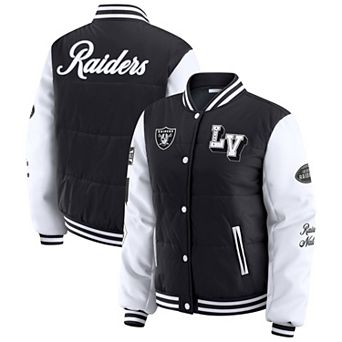 Women's WEAR by Erin Andrews Black Las Vegas Raiders Varsity Full-Snap Puffer Jacket