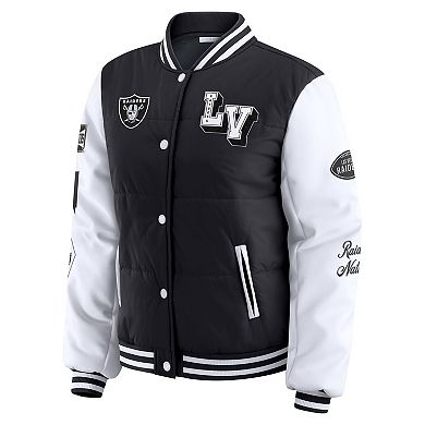 Women's WEAR by Erin Andrews Black Las Vegas Raiders Varsity Full-Snap Puffer Jacket