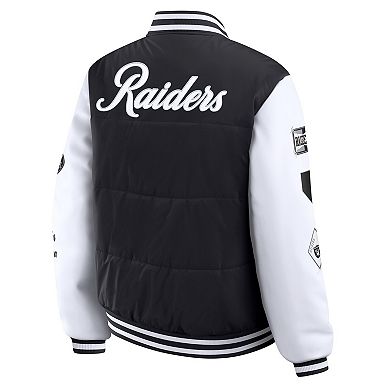 Women's WEAR by Erin Andrews Black Las Vegas Raiders Varsity Full-Snap Puffer Jacket