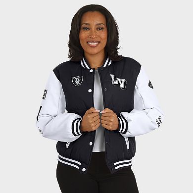 Women's WEAR by Erin Andrews Black Las Vegas Raiders Varsity Full-Snap Puffer Jacket