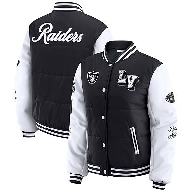 Women's WEAR by Erin Andrews Black Las Vegas Raiders Varsity Full-Snap Puffer Jacket