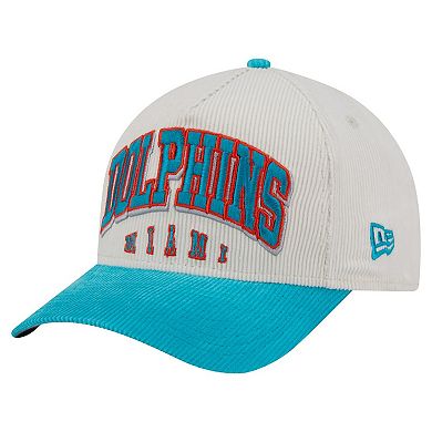 Men's New Era Cream/Aqua Miami Dolphins Throwback Two-Tone Sided Corduroy 9FORTY A-Frame Adjustable Hat