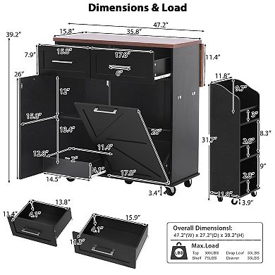 Merax 47.2" Farmhouse Kitchen Island with Drop Leaf, Kitchen Storage Island with Removable Side Rack