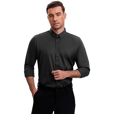 Men's Point Collar Long Sleeve Button Down Solid Color Formal Dress Shirts