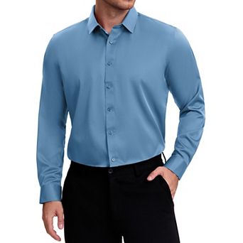 Men's Point Collar Long Sleeve Button Down Solid Color Formal Dress Shirts