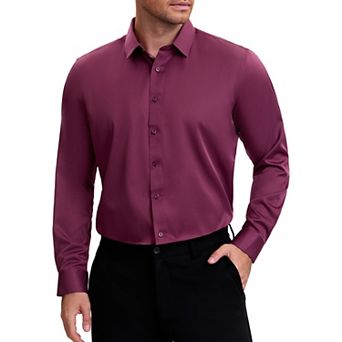 Men's Point Collar Long Sleeve Button Down Solid Color Formal Dress Shirts
