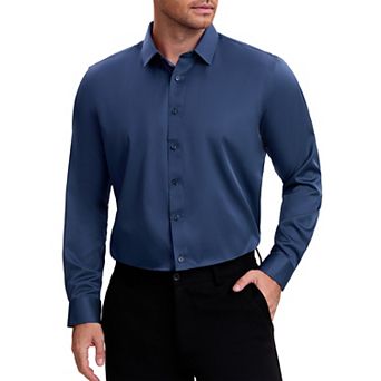 Men's Point Collar Long Sleeve Button Down Solid Color Formal Dress Shirts