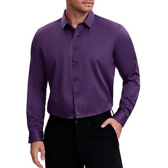 Men's Point Collar Long Sleeve Button Down Solid Color Formal Dress Shirts