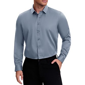 Men's Point Collar Long Sleeve Button Down Solid Color Formal Dress Shirts