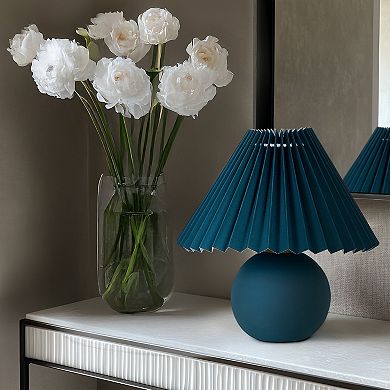 Serena 10" Retro Inspired Ceramic LED Table Lamp with Blue Fabric Pleated Shade