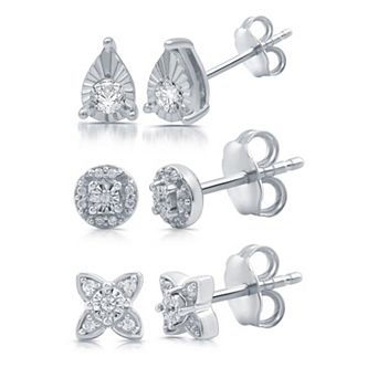 Diamond Essentials Sterling Silver 1/4 Carat T.W. Lab Grown Diamond 3-Pair Stud Earring Set