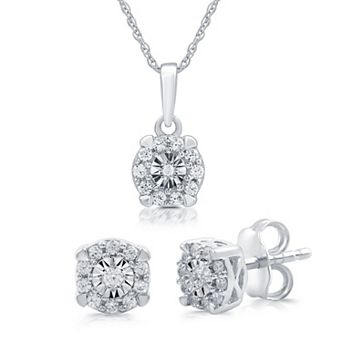 Diamond Essentials Sterling Silver 3/8 Carat T.W. Lab Grown Diamond Halo Pendant Necklace and Earring Set