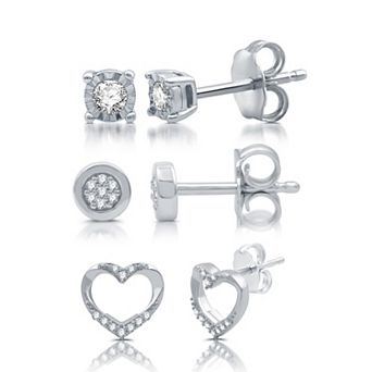 Diamond Essentials 3-Pair Sterling Silver 1/4 Carat T.W. Lab Grown Diamond Heart Stud Earring Set