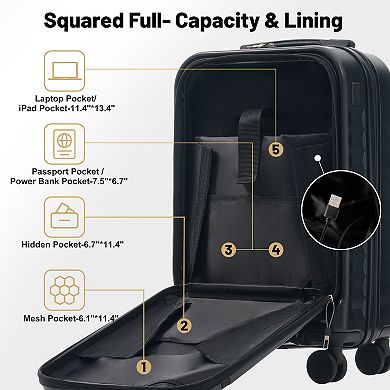 Merax Front Opening Luggage Set 3 Piece, Hardside Carry on Suitcase with USB Port