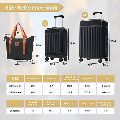 Merax Front Opening Luggage Set 3 Piece, Hardside Carry on Suitcase with USB Port