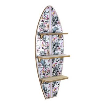 American Art Décor Tropical Surfboard Wall Shelf with Flowers & Palm Leaves