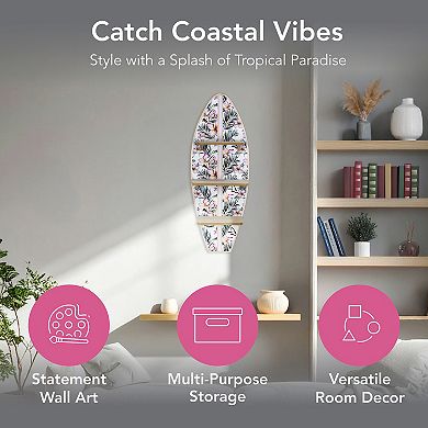 American Art Décor Tropical Surfboard Wall Shelf with Flowers & Palm Leaves