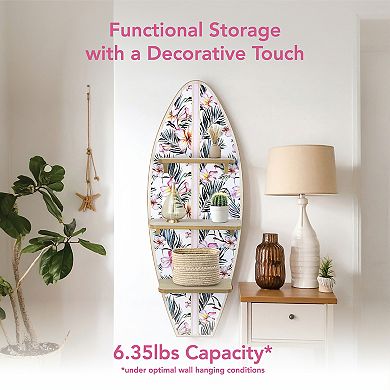 American Art Décor Tropical Surfboard Wall Shelf with Flowers & Palm Leaves