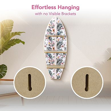 American Art Décor Tropical Surfboard Wall Shelf with Flowers & Palm Leaves
