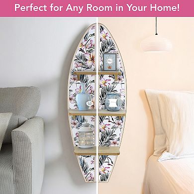 American Art Décor Tropical Surfboard Wall Shelf with Flowers & Palm Leaves