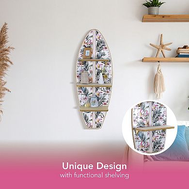 American Art Décor Tropical Surfboard Wall Shelf with Flowers & Palm Leaves