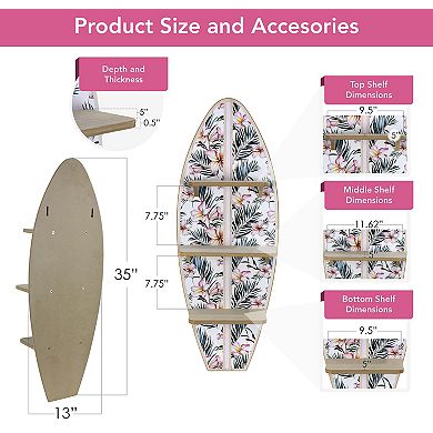 American Art Décor Tropical Surfboard Wall Shelf with Flowers & Palm Leaves