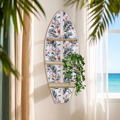 American Art Décor Tropical Surfboard Wall Shelf with Flowers & Palm Leaves