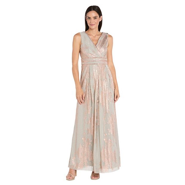 R&M Richards 3874R Long Floral Print Prom Formal Dress - Rose Gold / 10