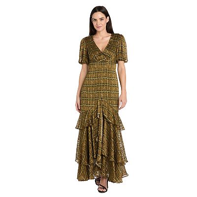 R & M Richards Women's Satin Metallic Stripe Puff-Sleeve Dress - Olive - Size 12