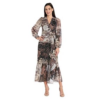 Women's R&M Richards Long Sleeve Animal Printed Satin Dress