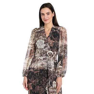 Women's R&M Richards Long Sleeve Animal Printed Satin Dress