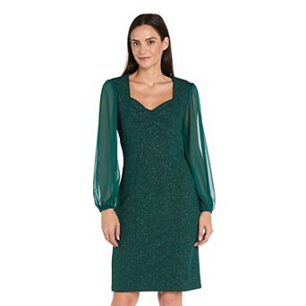 Women's R&M Richards Glitter Knit Long Chiffon Sleeved Dress