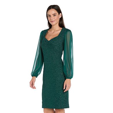 Women's R&M Richards Glitter Knit Long Chiffon Sleeved Dress